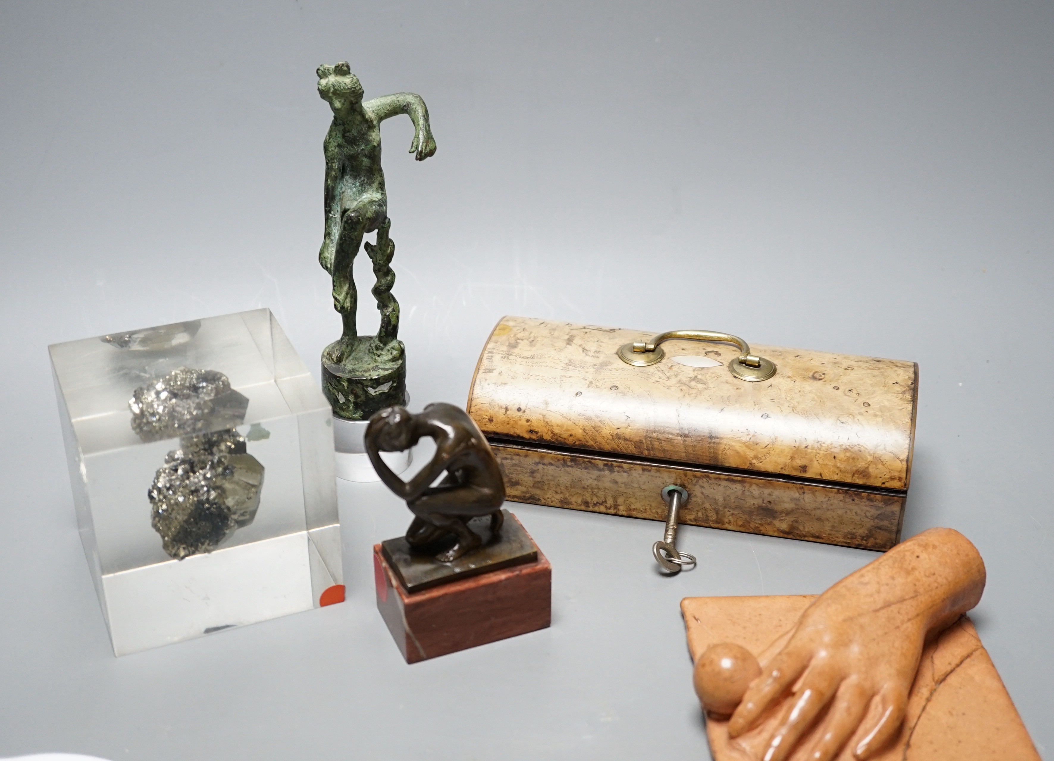 Two small bronze figures, a walnut dome top box, and two other items